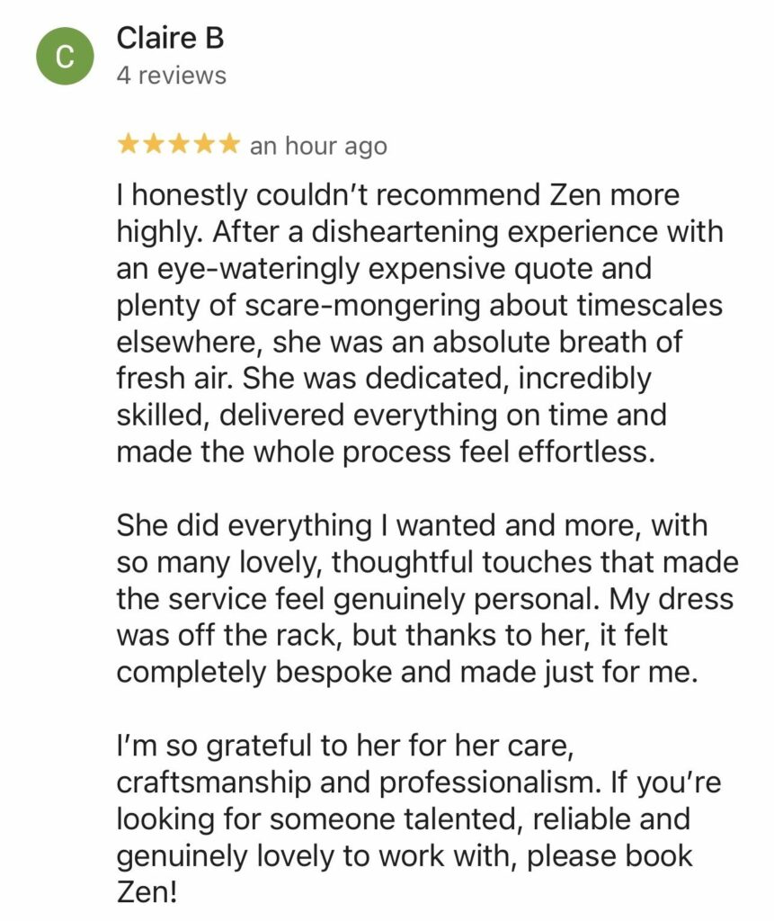Five-star review praising Zen’s thoughtful service and personal care.