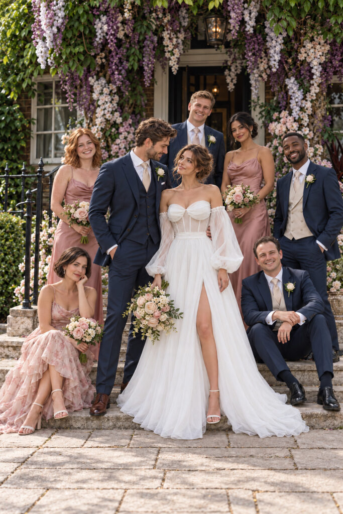 couple with wedding party, showing the bridal gown’s front split and completely changed bodice.
