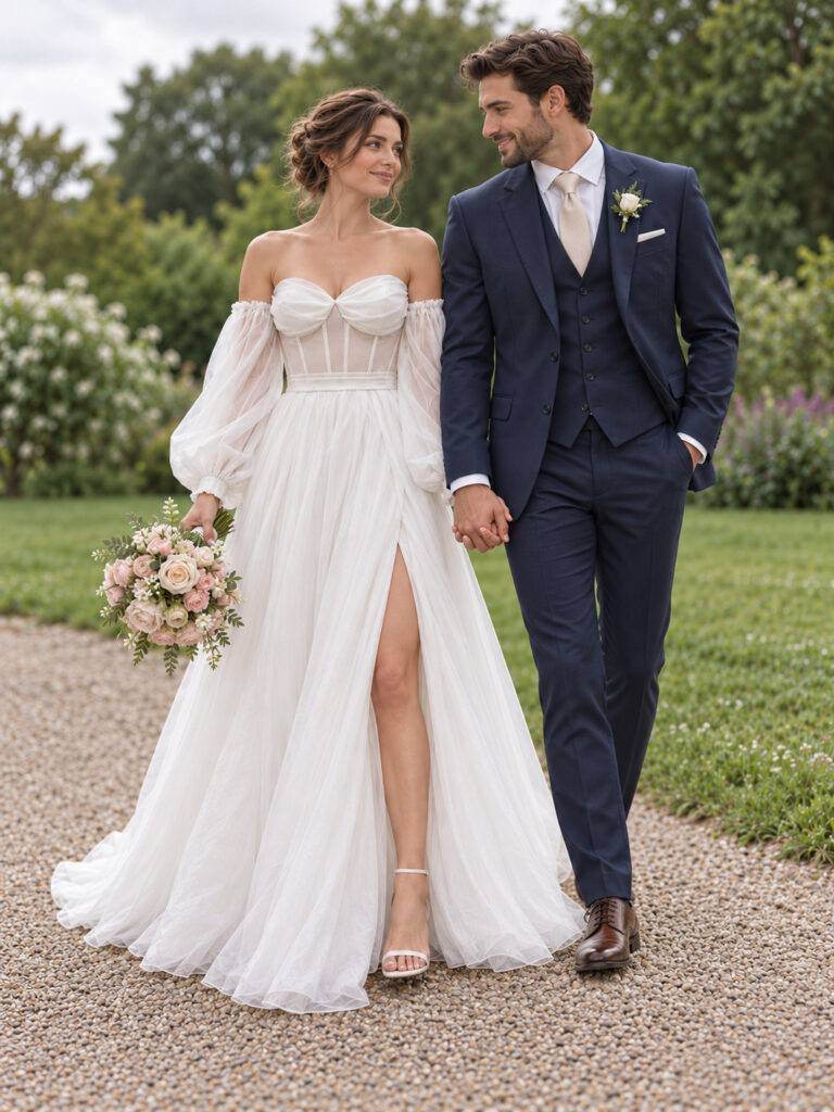 Daria Karlozi Vigo gown with completely changed sheer bodice, full sleeves and additional front split couple walking through a garden, showing the bridal gown after couture alterations.