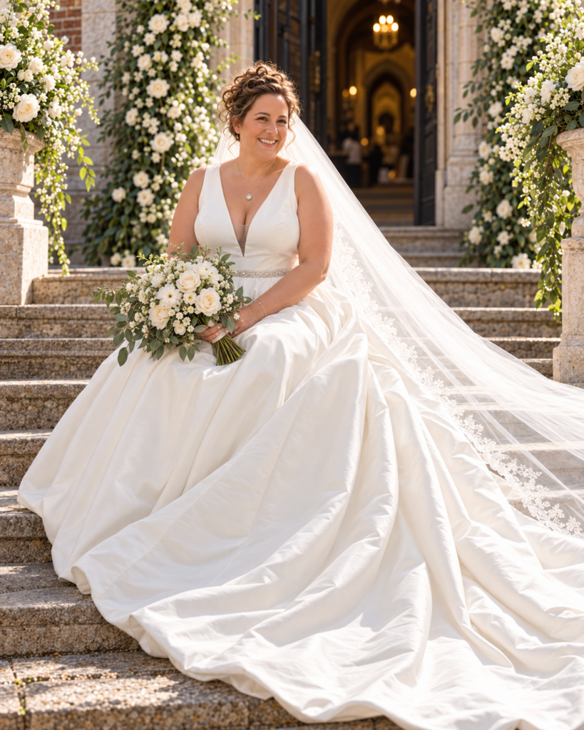 Ivory Mikado wedding dress bride sitting 