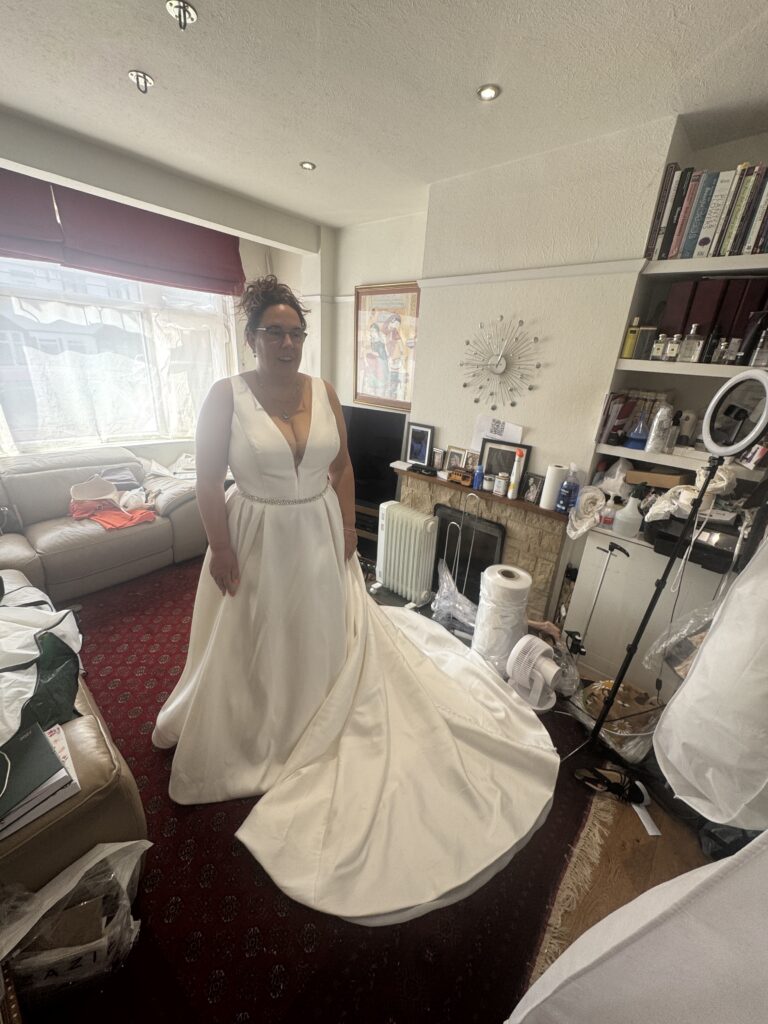 Ivory Mikado fabric detail wedding dress fitting at my Sutton studio 