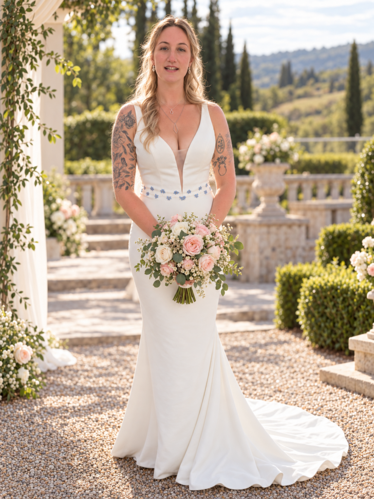 Depiction of bride wearing altered Madi Lane Cooper wedding dress with blue floral waist detail