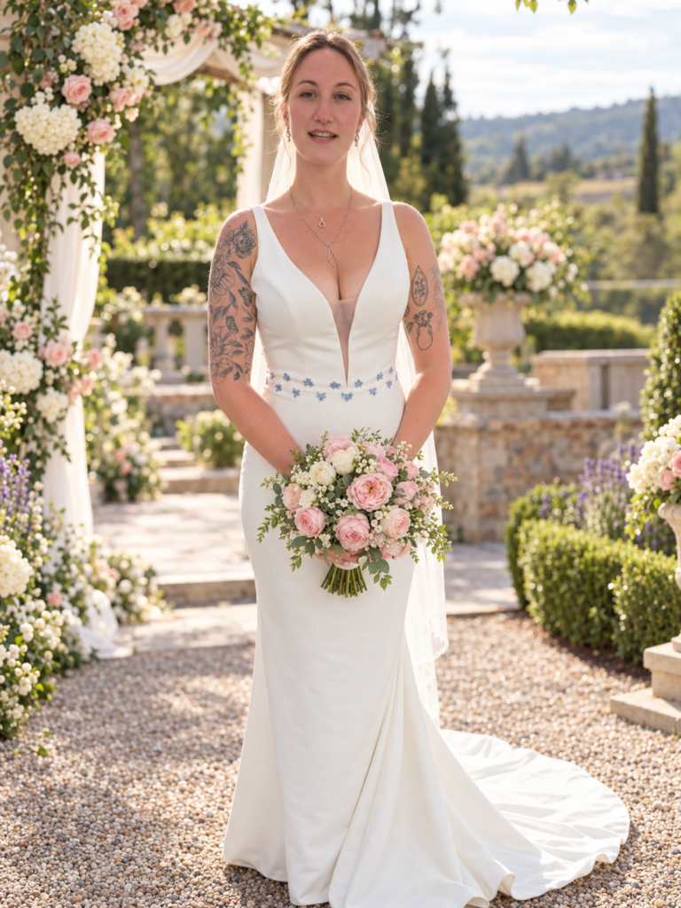 Wedding day depiction of bride in altered gown after bridal alterations in Sutton
