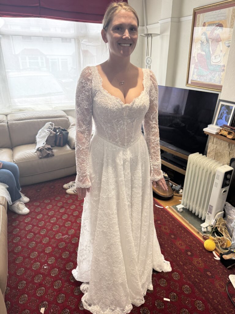 Morgan Davies Bride travelled from Banstead to my Sutton Surrey Studio for all the alterations work and professional steam press of her dress for her wedding day.